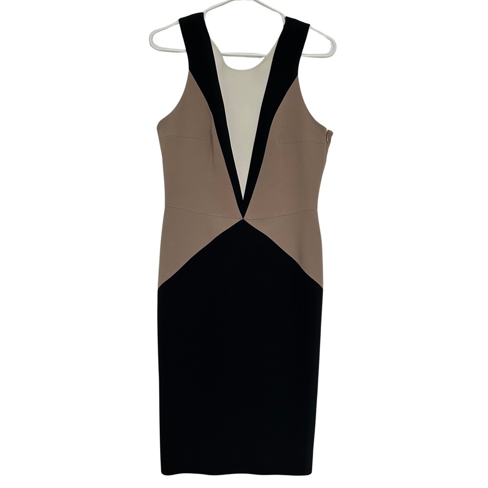 PAULE KA Black and Tan Geometric Midi Ottoman Colourblock Dress